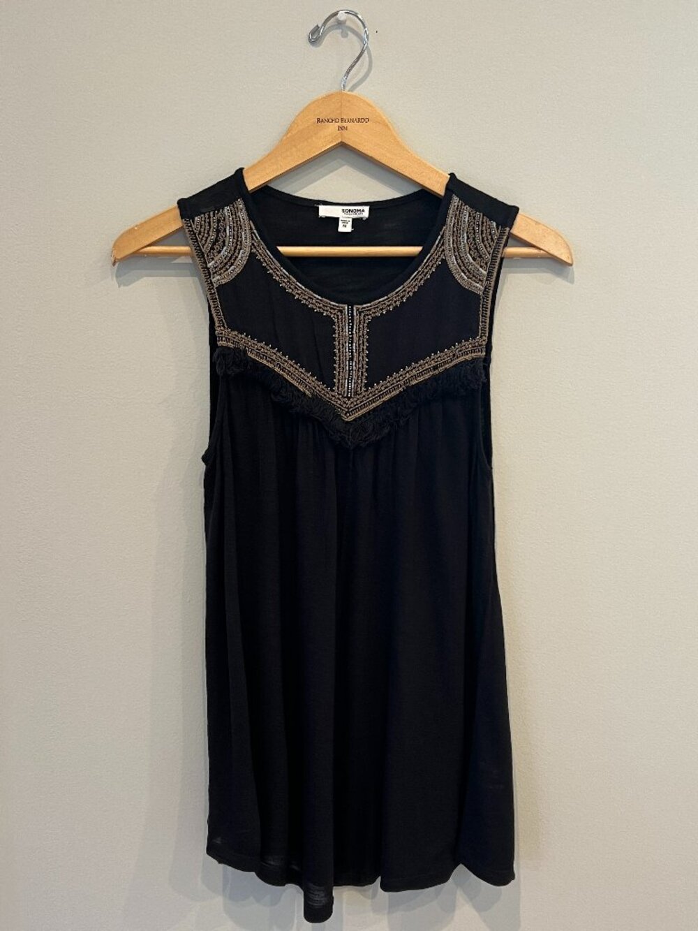 Sonoma Black Boho Embroidered Fringe Tank Top with Crochet Back Detail – Size M